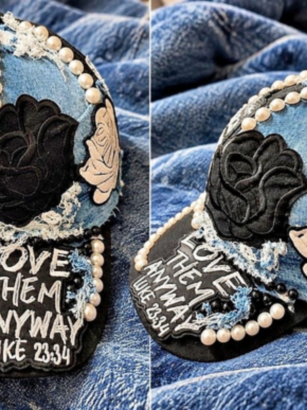 Distressed Rose Appliqué Trucker Hat Black & Blue